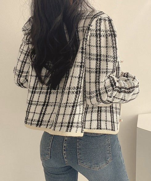 韓国風ツイードジャケット ライトアウター チェック柄ショートジャケットレディース カジュアル春秋上着 おしゃれ きれいめ 通勤服OL羽織り 着やせアウター 細見え 6QINGROU-002